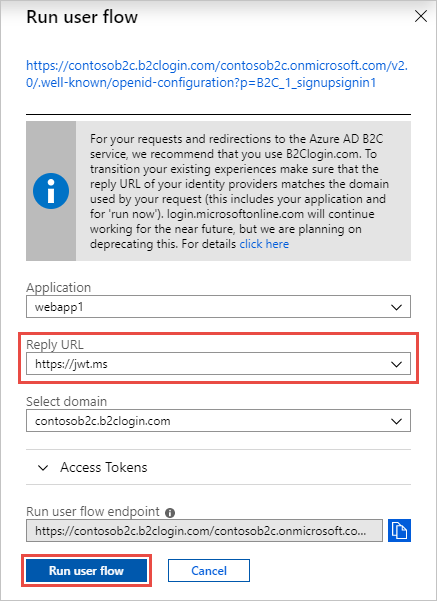 Screenshot of the "Run user flow" pane for the sign-up/sign-in user flow in the Azure portal.