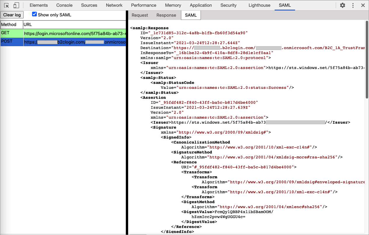 Screenshot of SAML protocol trace log.