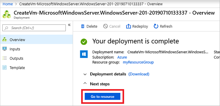 Go to the VM resource in the Azure portal once it's successfully created