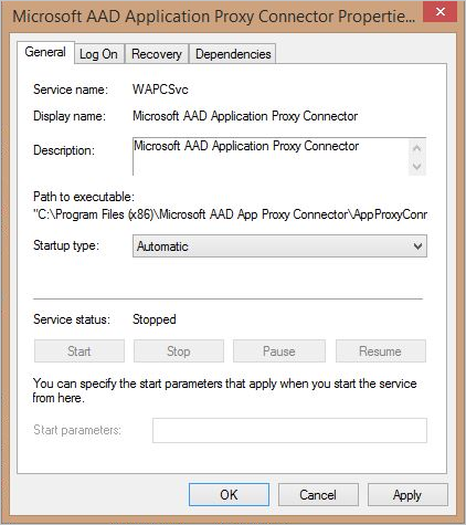 Microsoft AAD Application Proxy Connector Properties window screenshot