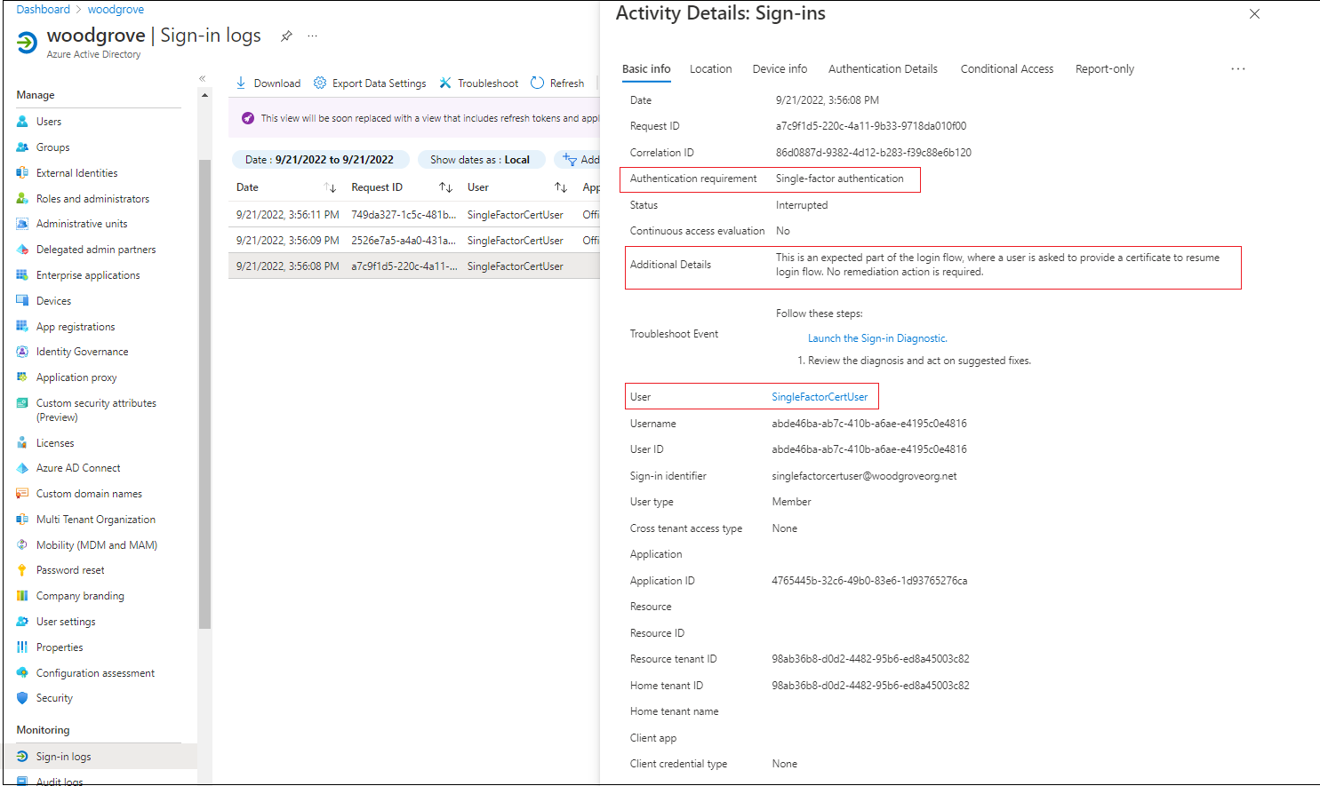 Screenshot of activity details in the sign-in logs.