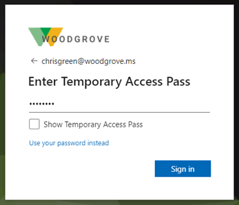 Screenshot of how to enter a Temporary Access Pass