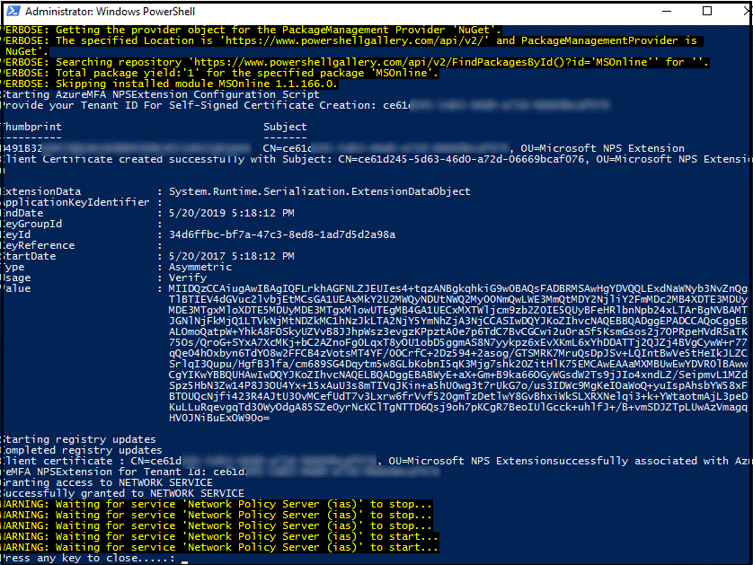PowerShell window showing Self-signed certificate