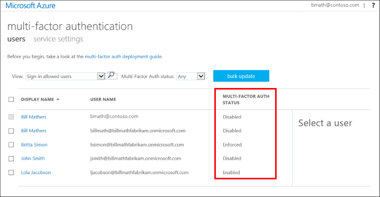 multi-factor authentication user status - screenshot