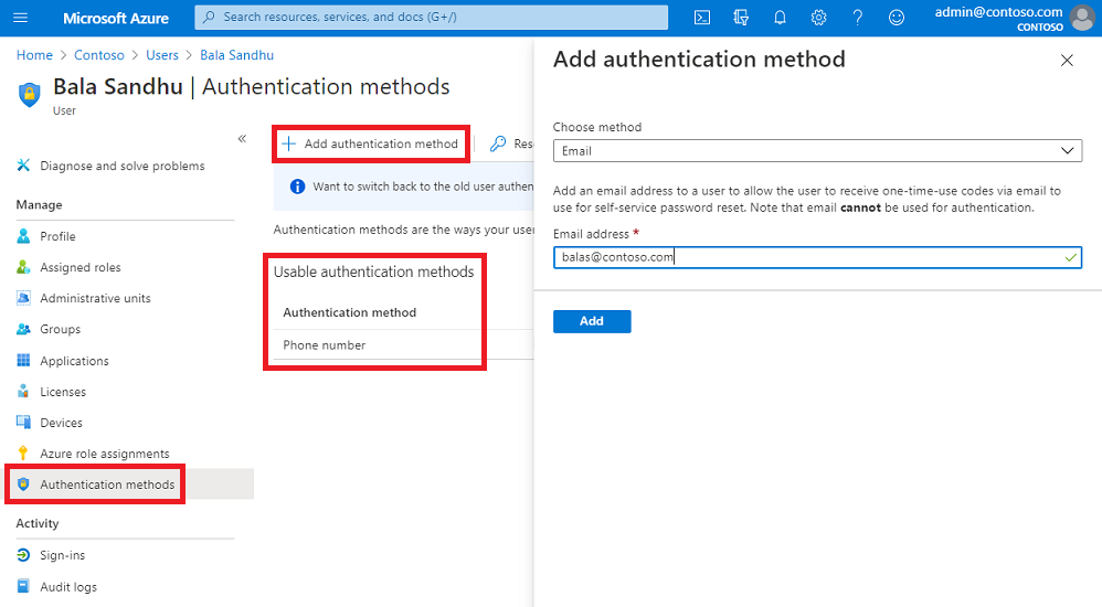 Manage authentication methods from the Azure portal