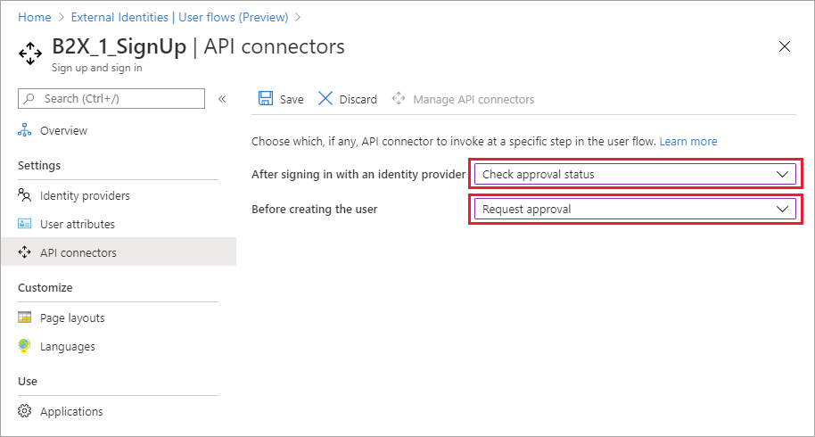 Screenshot of API connector in a user flow.