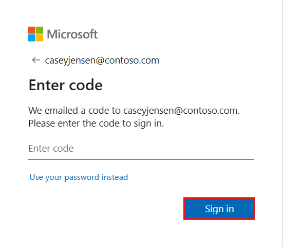 Screenshot depicting the single-use code sign in procedure.