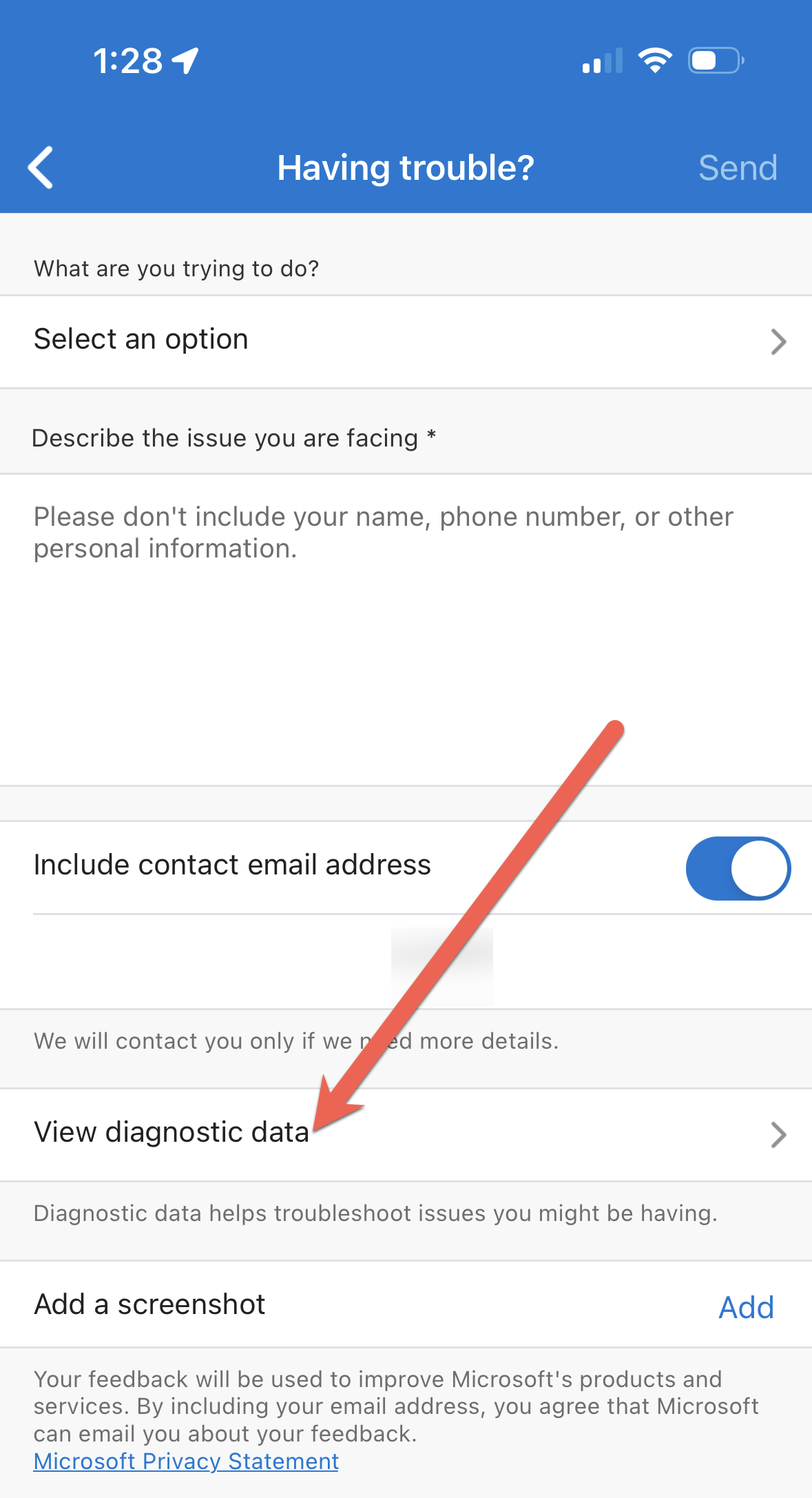 Screenshot showing the view diagnostic data button in the Microsoft Authenticator app.