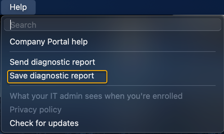 Screenshot showing how to navigate the Help top menu to Save the diagnostic report.