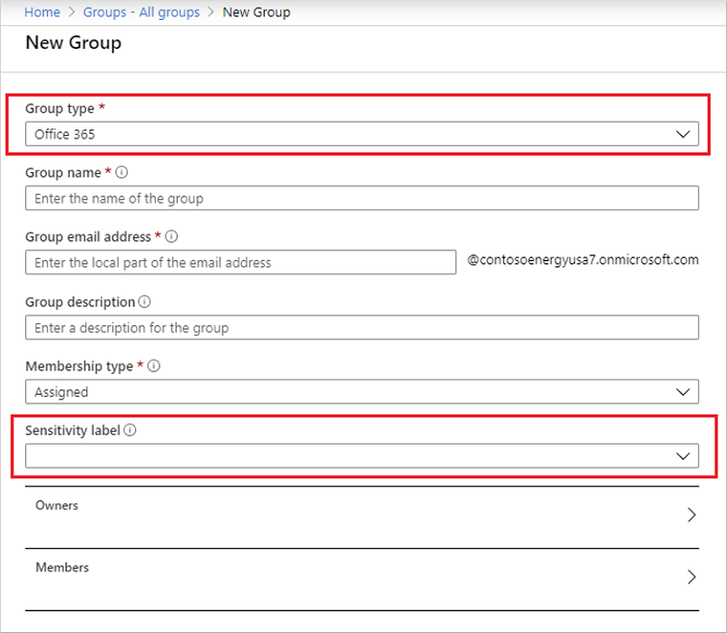 Assign a sensitivity label in the New groups page