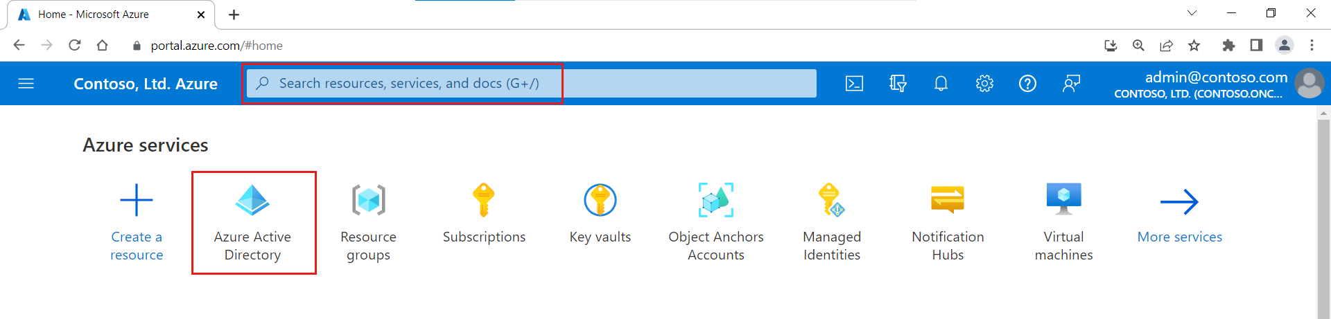 Screenshot showing where to select the Azure Active Directory service.