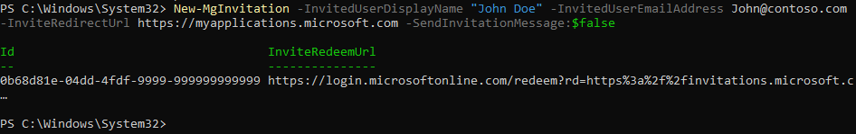 PowerShell output of the invitation command