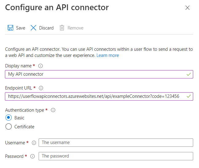 Screenshot of configuring an API connector.