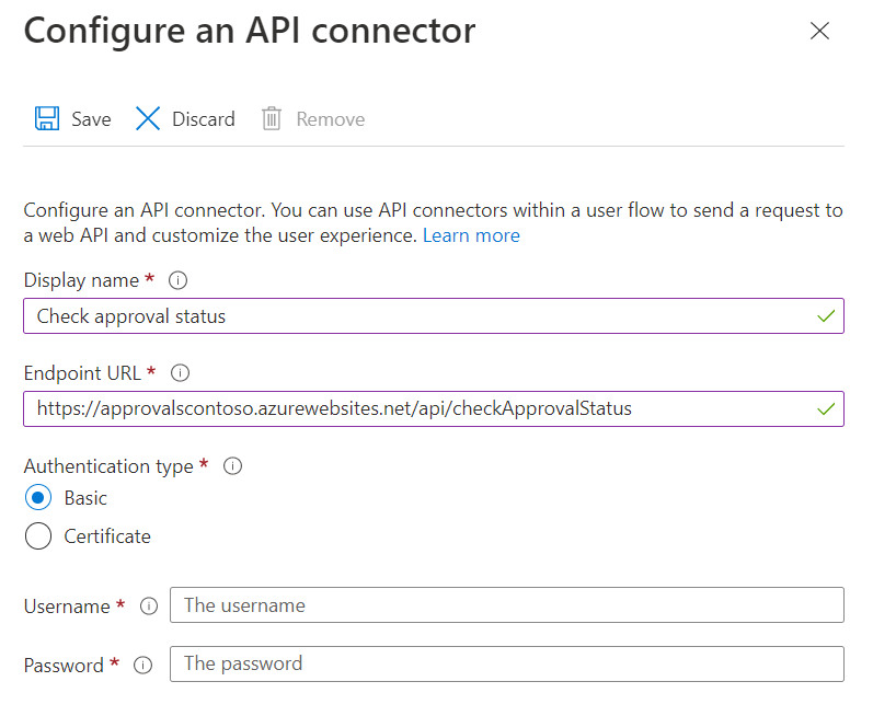 Screenshot of check approval status API connector configuration.