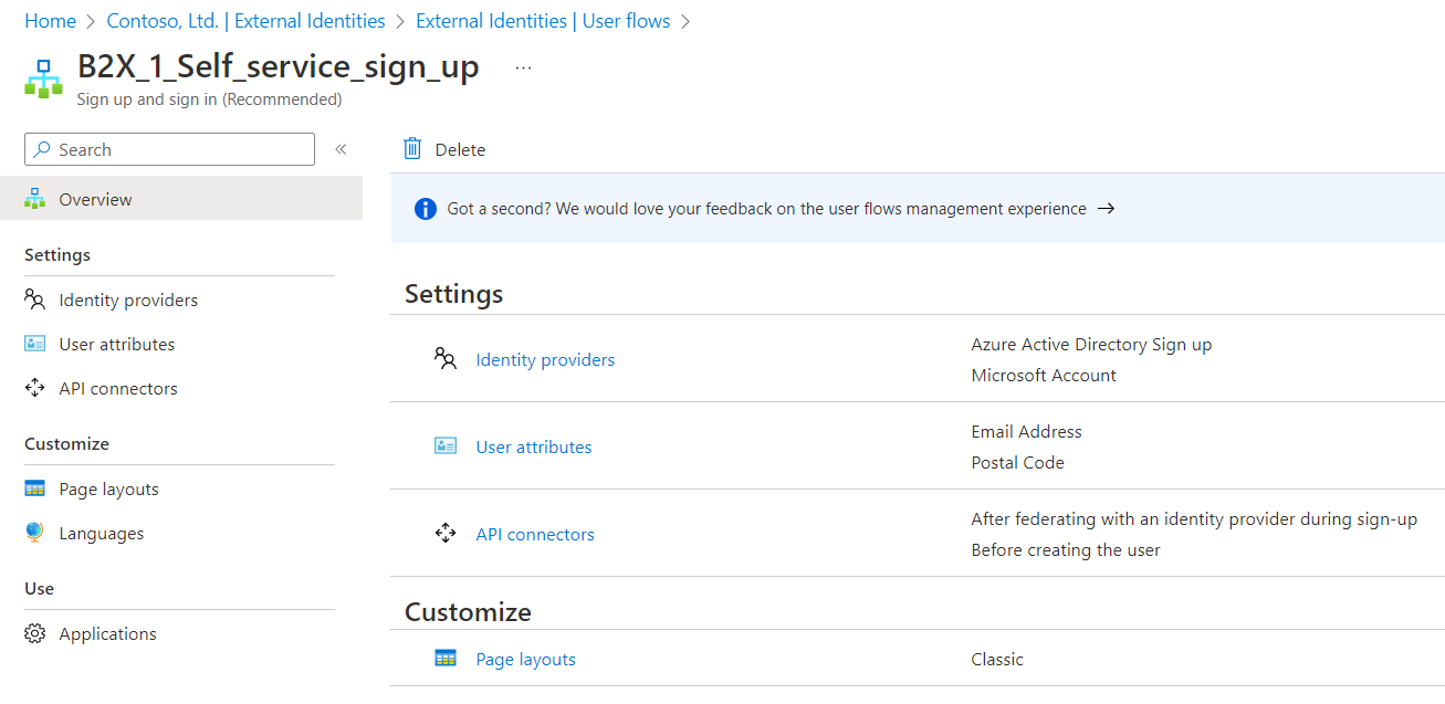 Screenshot showing the user flows page