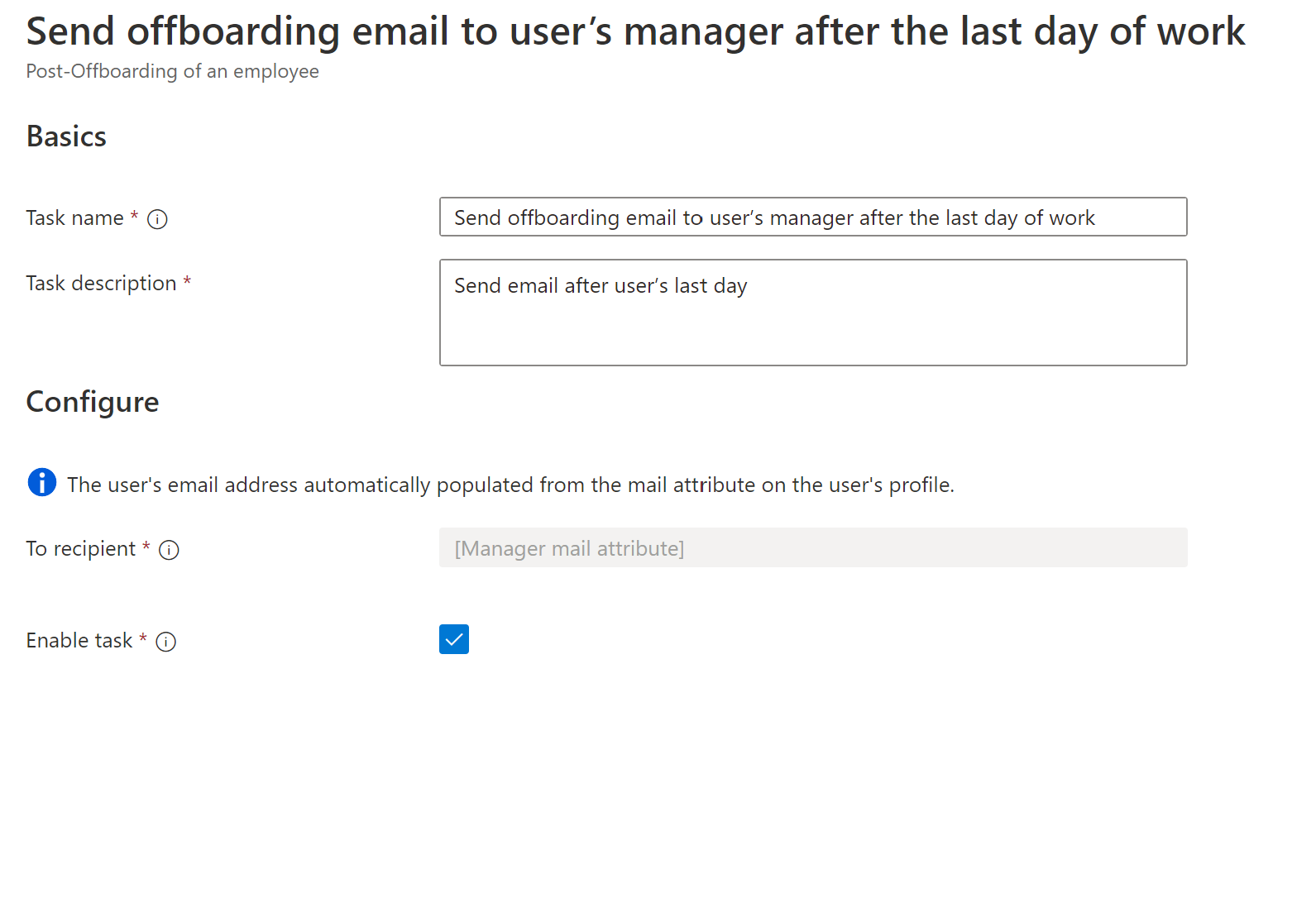 Screenshot of Workflows task: send off-boarding email to users manager after their last day.