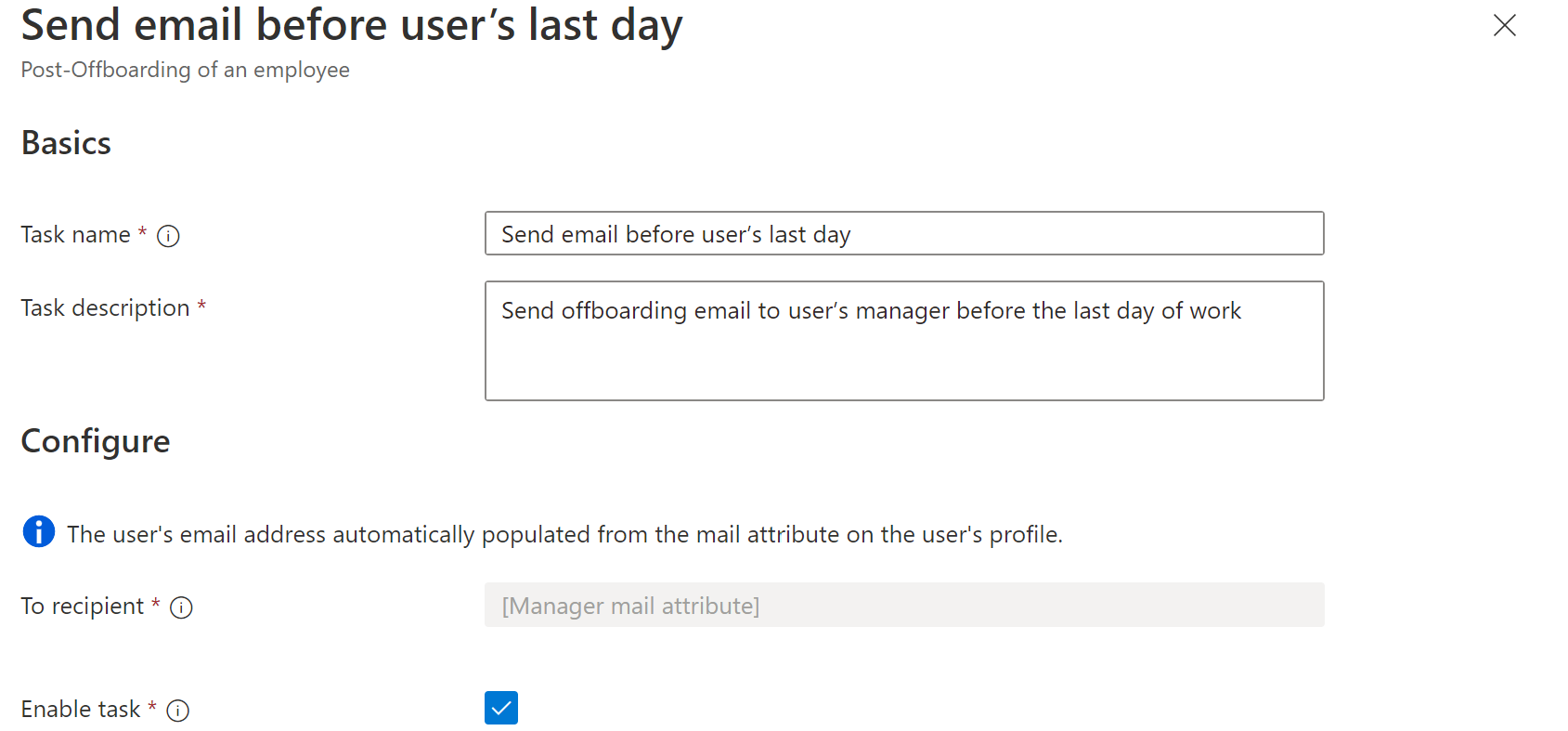 Screenshot of Workflows task: send email before user last day task.