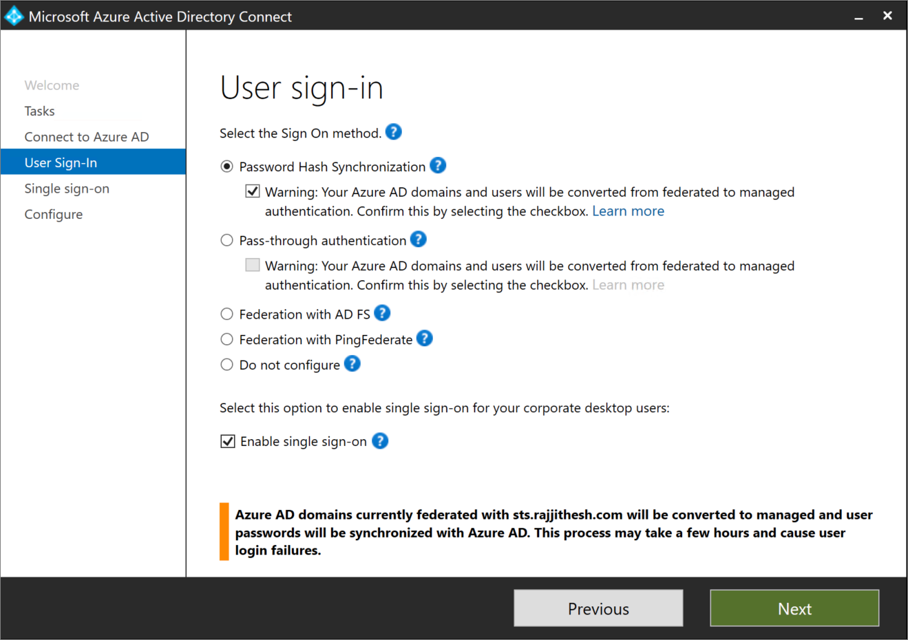 Check enable single sign-on on User sign-in page