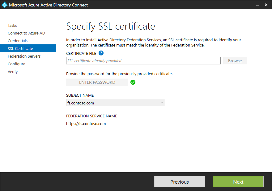 Screenshot that shows the "Specify SSL certificate" page after a password for the PFX file is entered.