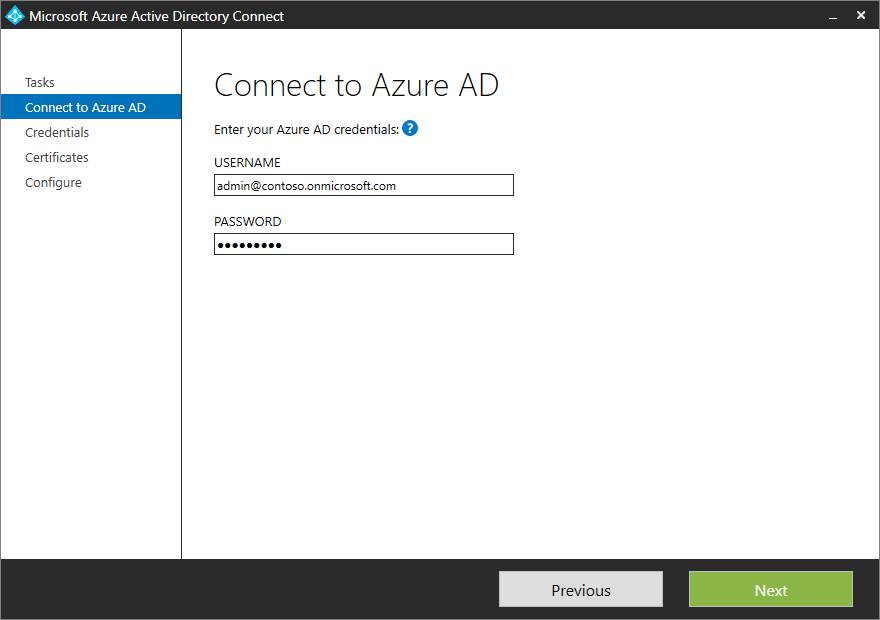Screenshot that shows the "Connect to Azure AD" page with example credentials entered.