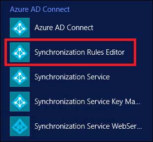 Azure AD Connect, with Synchronization Rules Editor highlighted