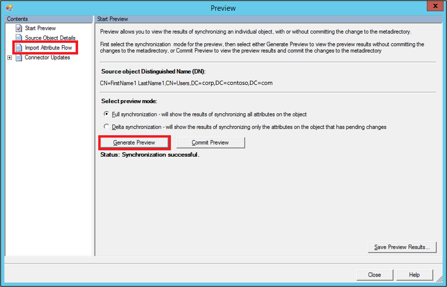 Screenshot that shows the "Preview" window with "Import Attribute Flow" and "Generate Preview" selected.