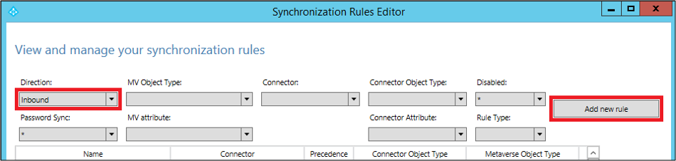 Screenshot that shows the "Synchronization Rules Editor" with "Inbound" and "Add new rule" selected.