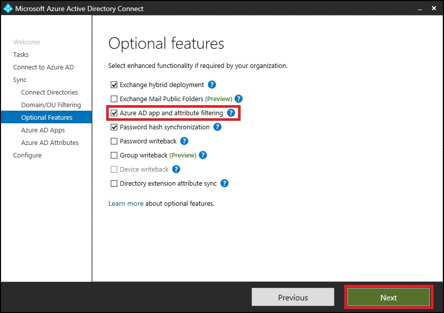 Azure AD Connect optional features