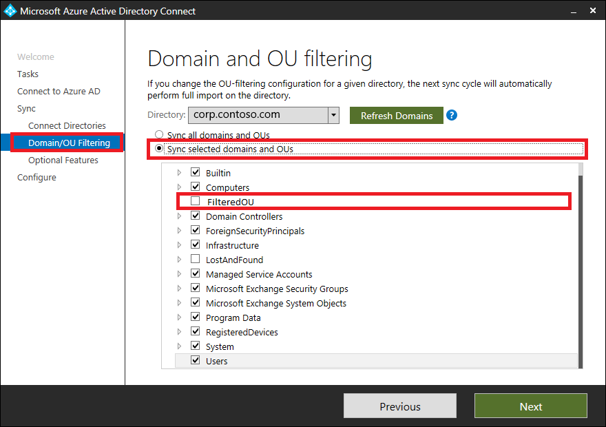 Azure AD Connect Domain and OU filtering options