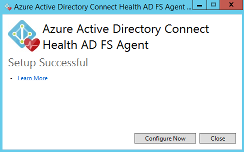 Screenshot showing the confirmation message for the Azure AD Connect Health AD FS agent installation.