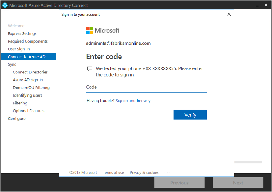 Screenshot showing the "Connect to Azure AD" page. A multifactor authentication field prompts the user for a code.