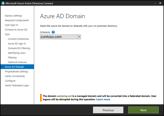 Screenshot that shows the "Azure A D Domain" page. The example domain "contoso.com" is selected.
