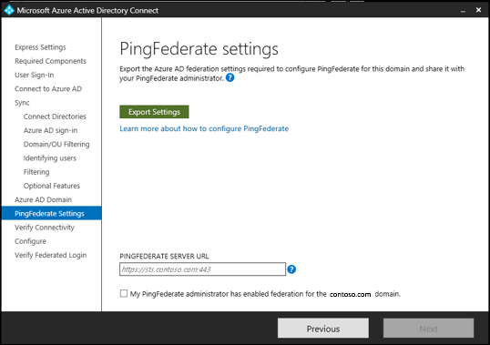 Screenshot showing the "PingFederate settings" page. The "Export Settings" button appears near the top of the page.
