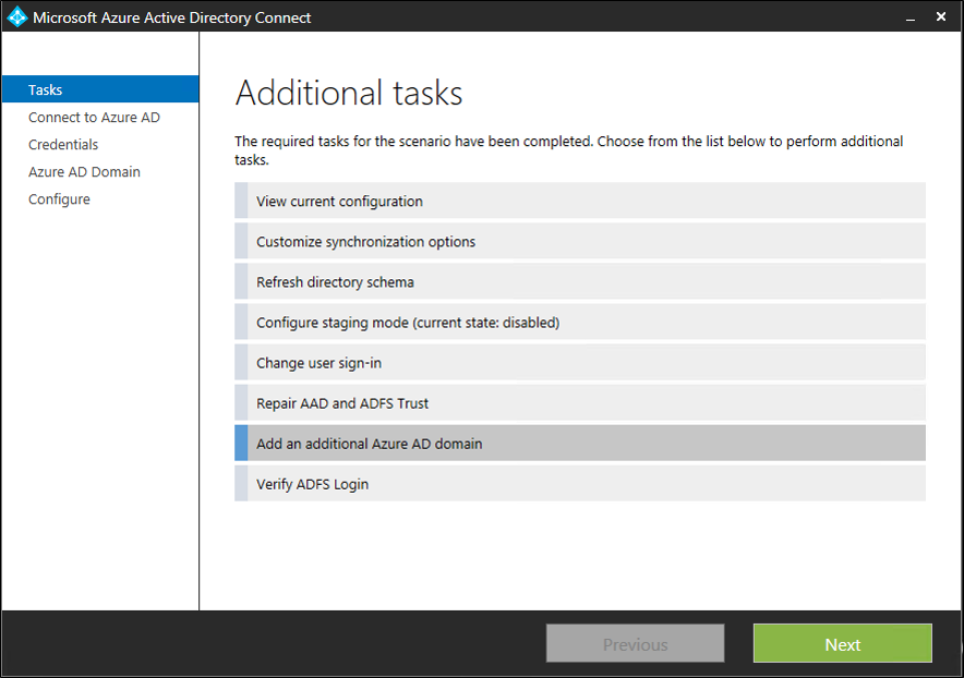Screenshot that shows the "Additional tasks" page with "Add an additional Microsoft Entra domain" selected.