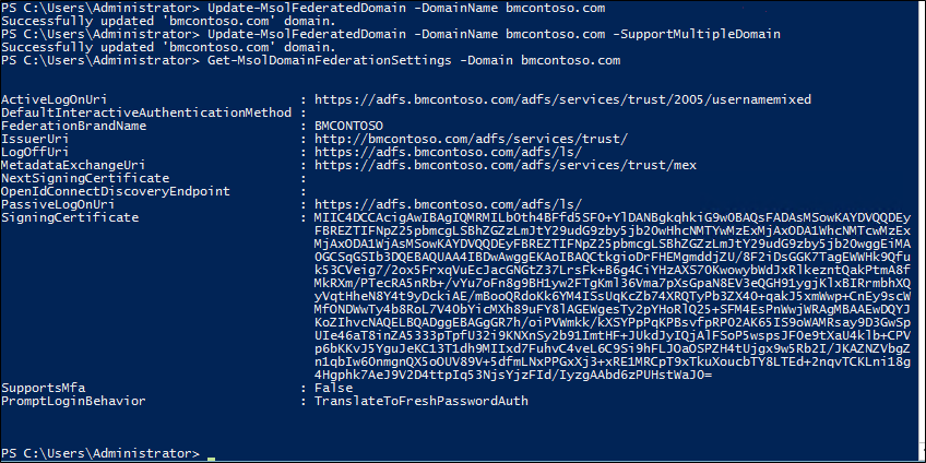 Screenshot that shows results after entering the "Get-MsolDomainFederationSettings" command in PowerShell.