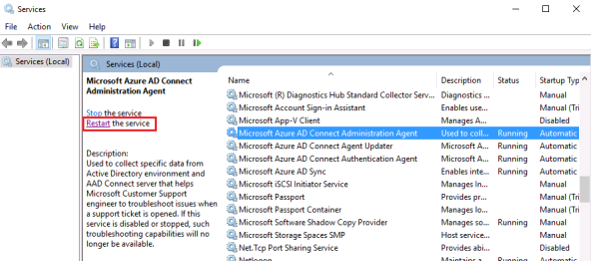 Screenshot that shows where to restart the Azure AD Administrator Agent service.