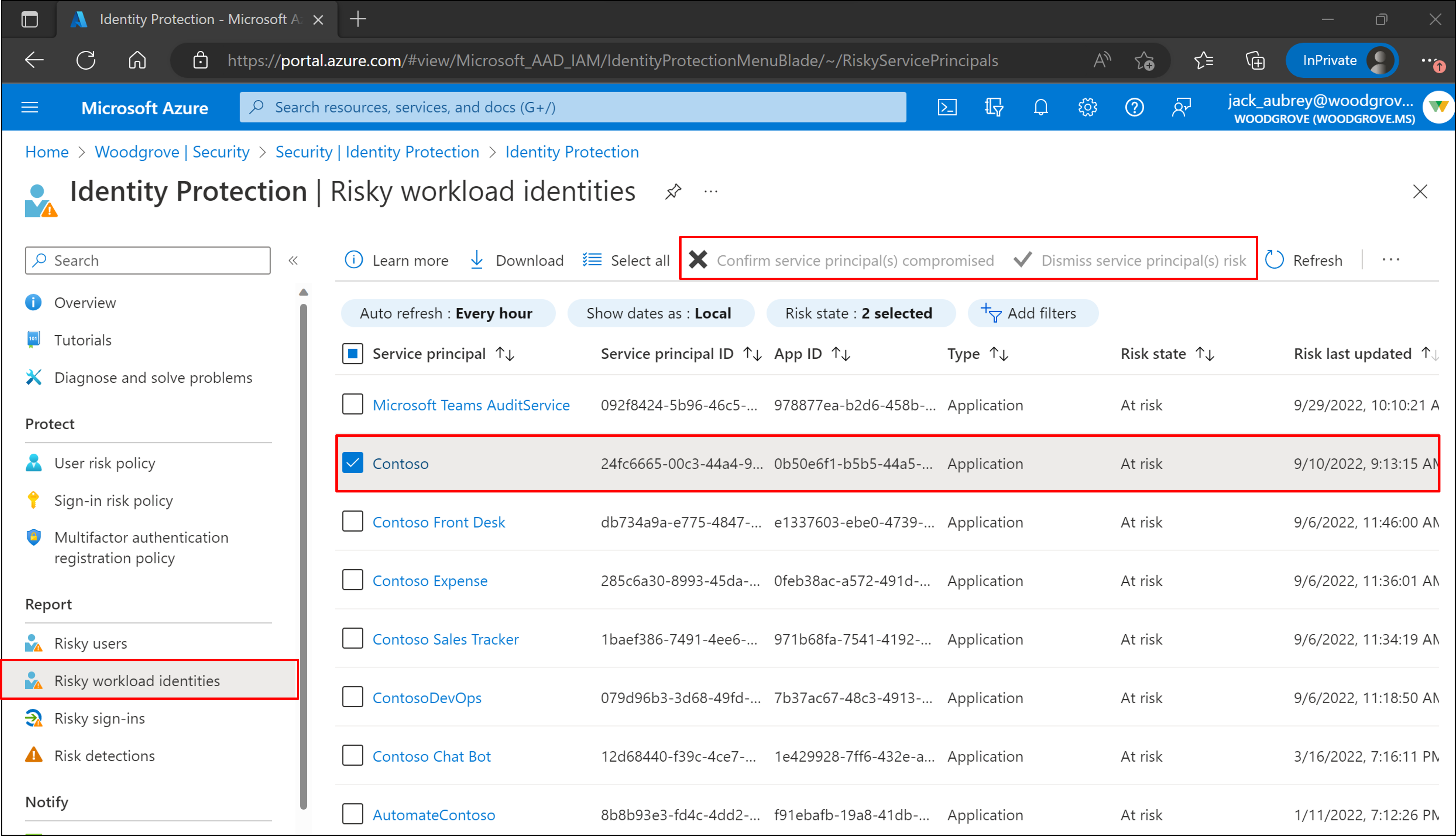 Confirm workload identity compromise or dismiss the risk in the Azure portal.