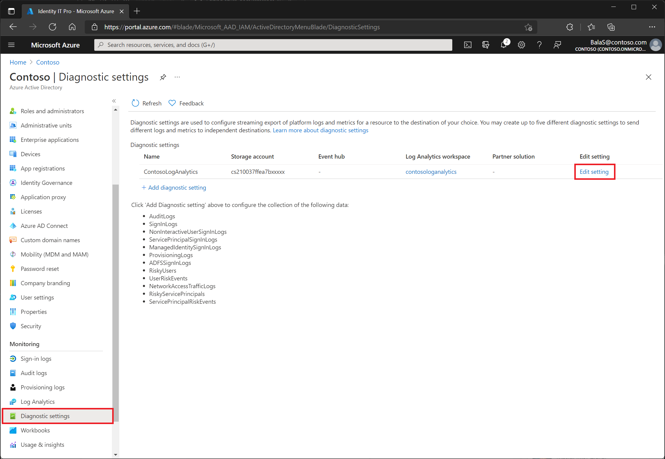 Diagnostic settings screen in Azure AD showing existing configuration