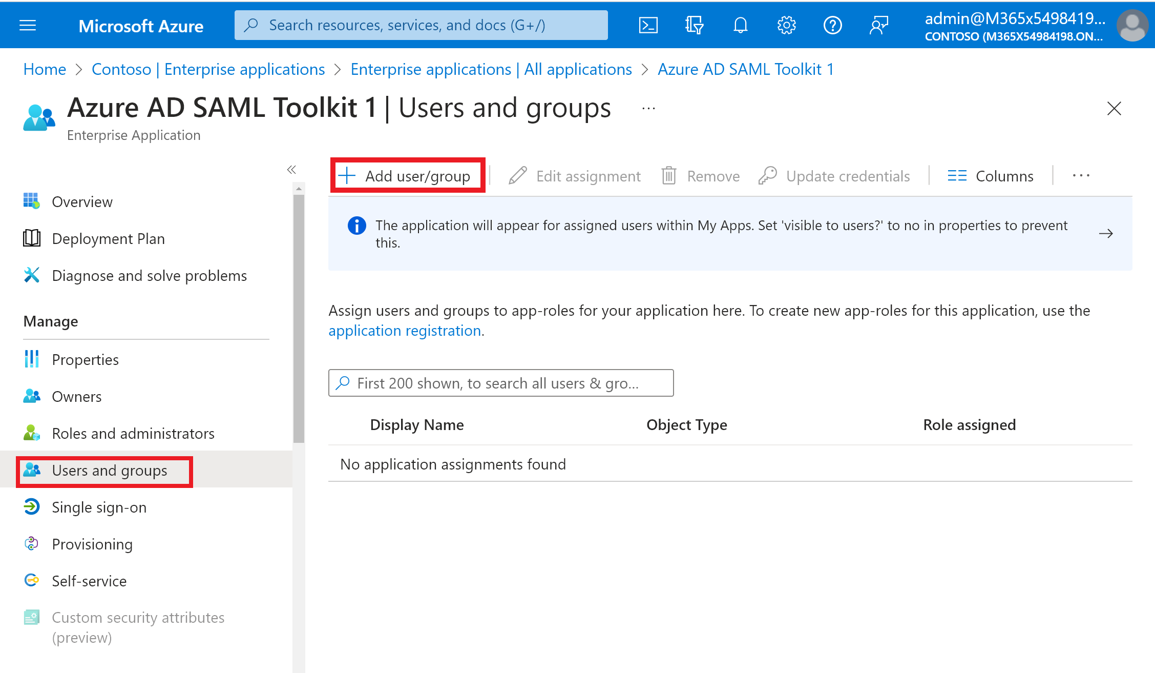 Assign user account to zn application in your Azure AD tenant.