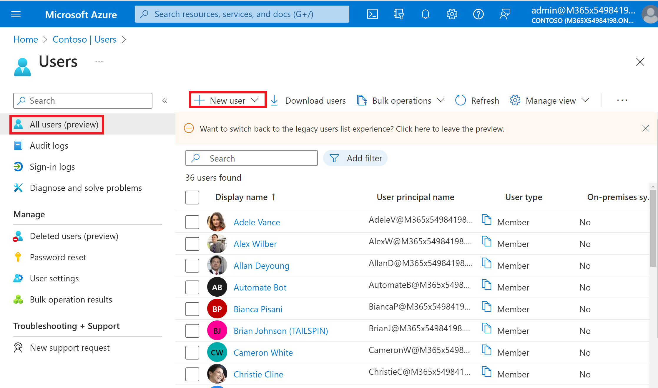 Add a new user account to your Azure AD tenant.