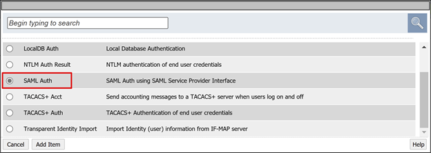 Screenshot of the SAML Auth option.