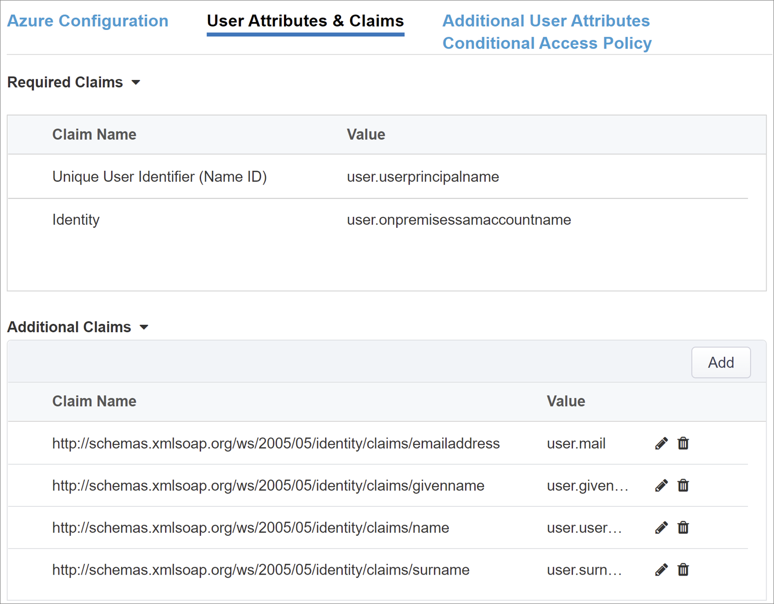 Screenshot of options and entries for User Attributes and Claims.