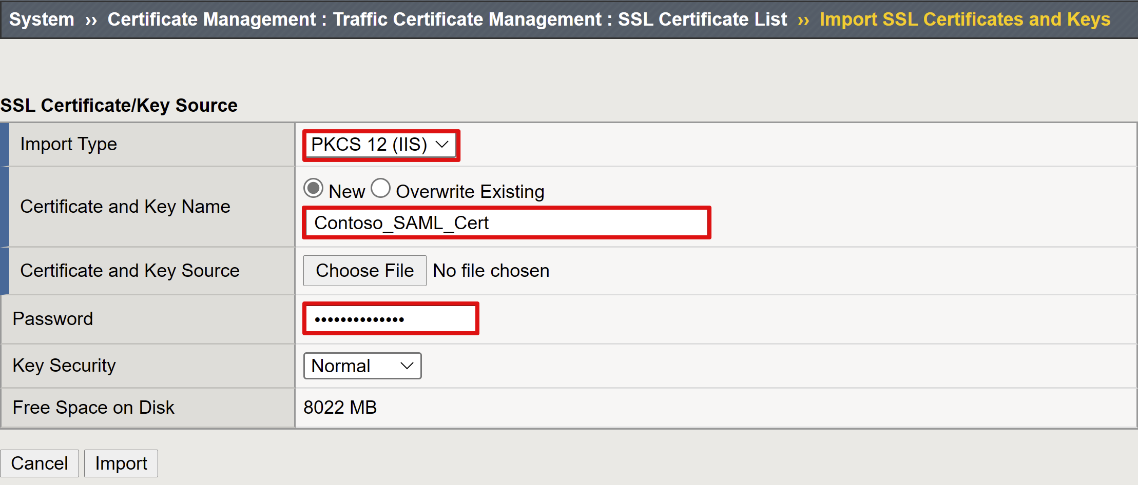 Screenshot of options and selections for SSL Certificate and Key Source.