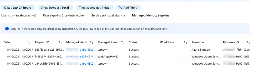 Screenshot showing managed identity sign-in events