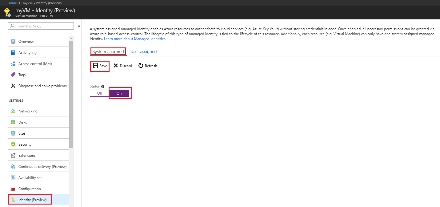 Screenshot that shows the "Identity (preview)" page with the "System assigned" status set to "On".