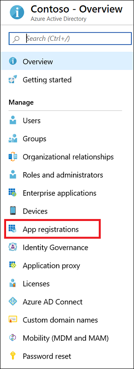 Screenshot shows App registrations selected from the Manage menu.