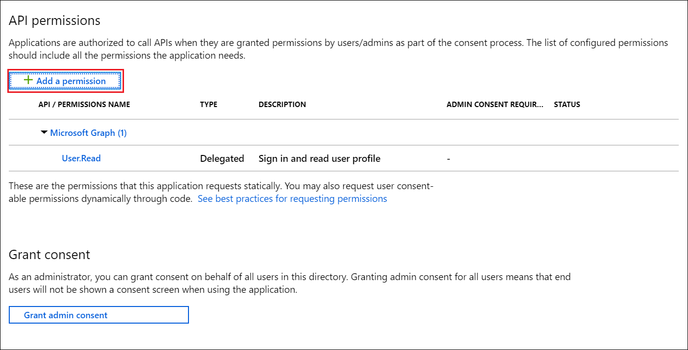 Screenshot shows the A P I Permissions page where you can select Add a permission.