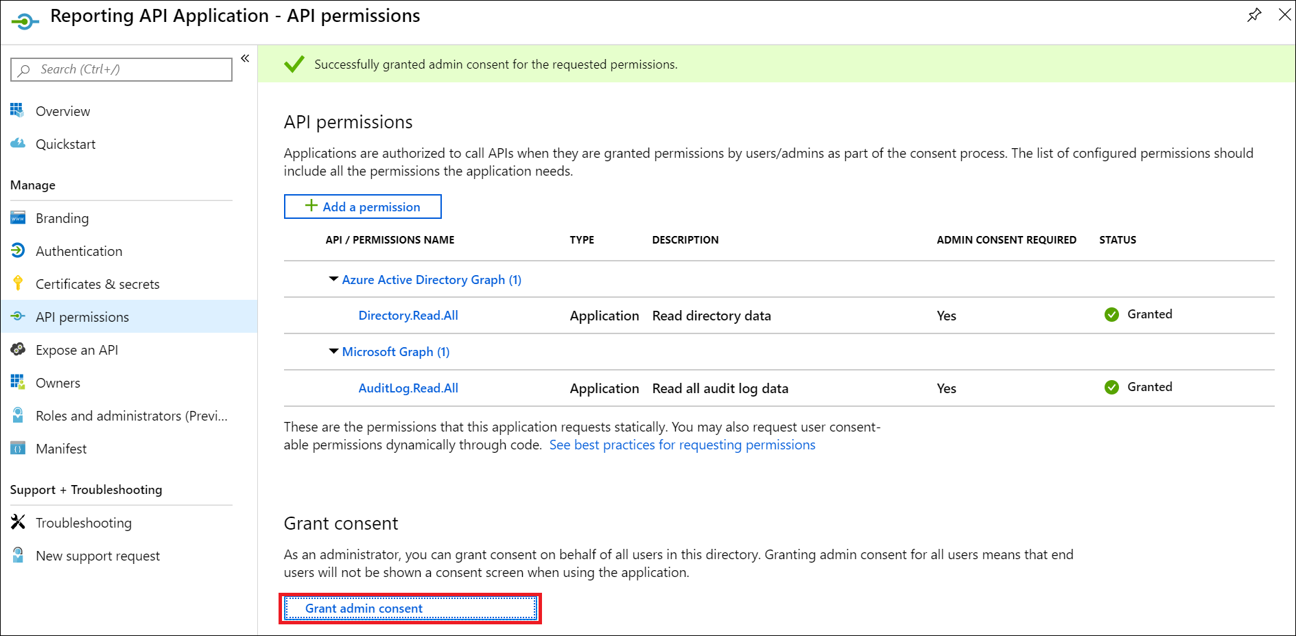 Screenshot shows the Reporting A P I Application A P I permissions page where you can select Grant admin consent.