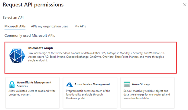 Screenshot shows the Request A P I permissions page where you can select Azure Active Directory Graph.