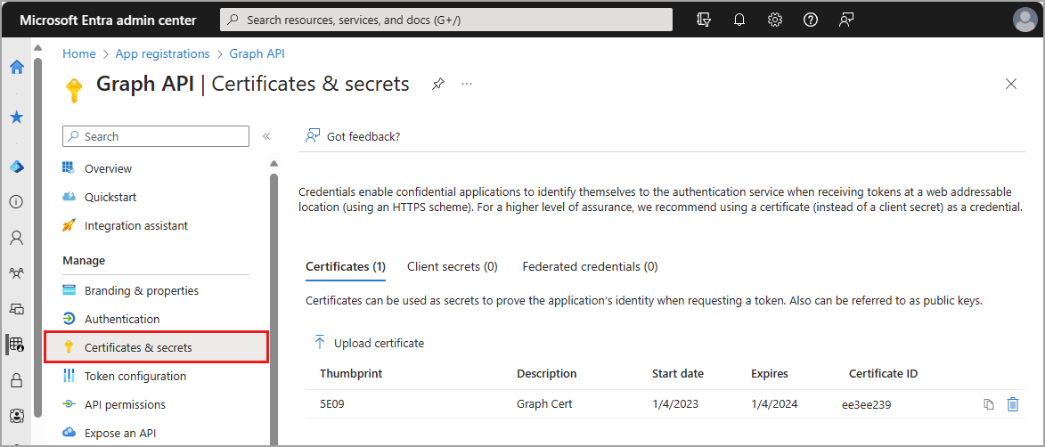 Screenshot of the Certificates and secrets section of Microsoft Entra ID.